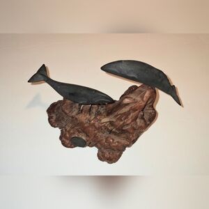 JOHN PERRY Two GRAY WHALES Sculpture Wood Base Vintage